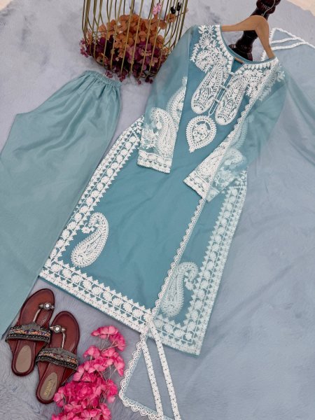 Contemporary Sky Blue Nylon Organza Silk Palazzo Suit with Embroidery Work Ready To Wear Collection