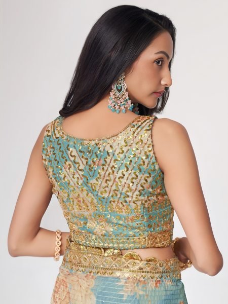 Contemporary Sky Blue Organza Saree with Floral Digital Print, Zari and Sequins Work Organza Sarees Wholesale