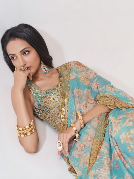 Contemporary Sky Blue Organza Saree with Floral Digital Print, Zari and Sequins Work Organza Sarees Wholesale