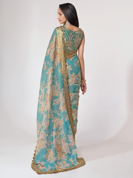 Contemporary Sky Blue Organza Saree with Floral Digital Print, Zari and Sequins Work Organza Sarees Wholesale