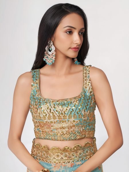 Contemporary Sky Blue Organza Saree with Floral Digital Print, Zari and Sequins Work Organza Sarees Wholesale