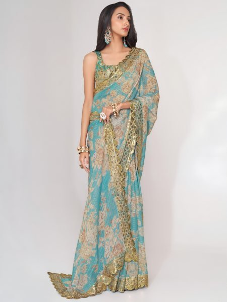 Contemporary Sky Blue Organza Saree with Floral Digital Print, Zari and Sequins Work Organza Sarees Wholesale
