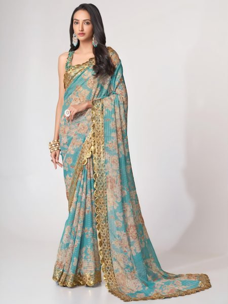 Contemporary Sky Blue Organza Saree with Floral Digital Print, Zari and Sequins Work Organza Sarees Wholesale