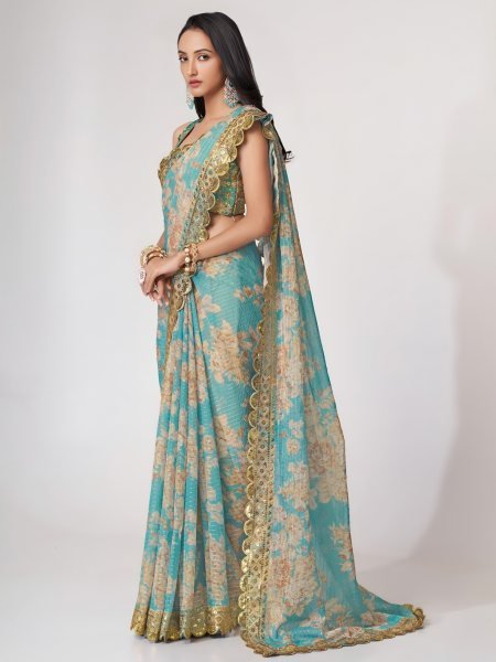 Contemporary Sky Blue Organza Saree with Floral Digital Print, Zari and Sequins Work Organza Sarees Wholesale