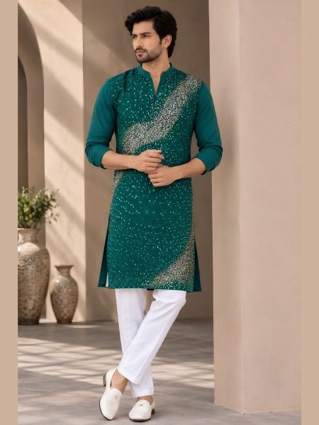 Contemporary Teal Green Men’s Kurta with Soft Crape Inner and Cotton Pajama  