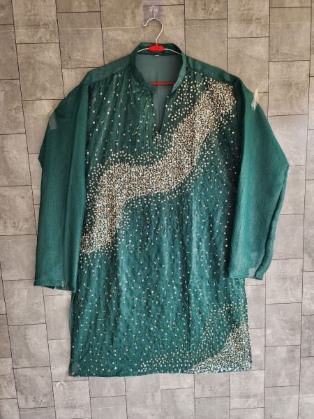 Contemporary Teal Green Men’s Kurta with Soft Crape Inner and Cotton Pajama  Kurta Pajama Wholesale