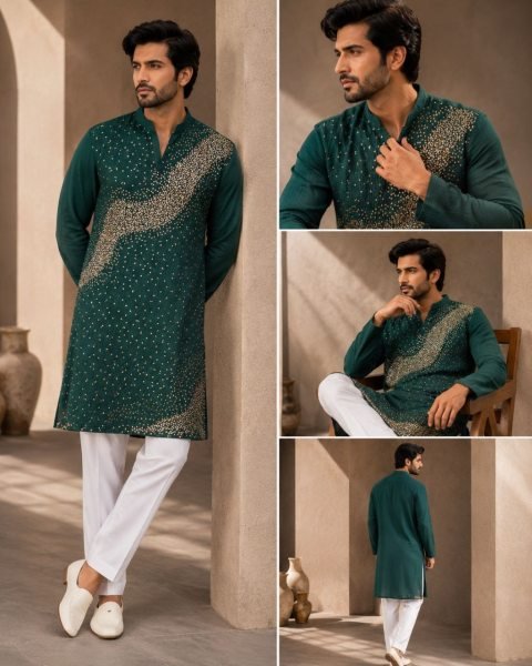 Contemporary Teal Green Men’s Kurta with Soft Crape Inner and Cotton Pajama  Kurta Pajama Wholesale