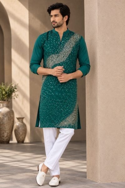 Contemporary Teal Green Men’s Kurta with Soft Crape Inner and Cotton Pajama  Kurta Pajama Wholesale