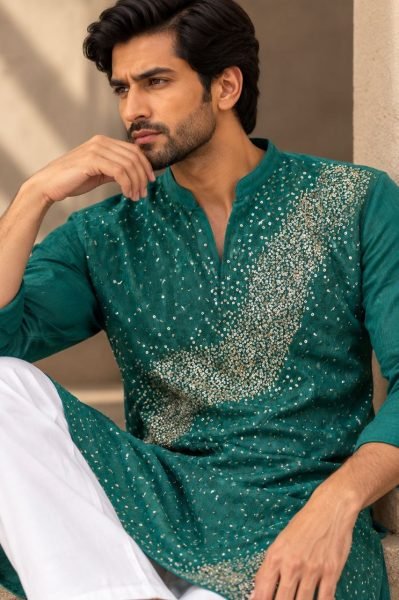 Contemporary Teal Green Men’s Kurta with Soft Crape Inner and Cotton Pajama  Kurta Pajama Wholesale