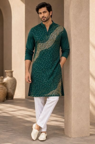 Contemporary Teal Green Men’s Kurta with Soft Crape Inner and Cotton Pajama  Kurta Pajama Wholesale