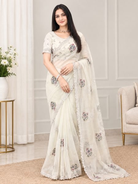 Contemporary White Melborne Simmer Silk Saree with Matching Embroidered Blouse 