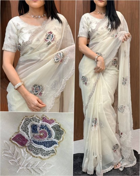 Contemporary White Melborne Simmer Silk Saree with Matching Embroidered Blouse Silk Sarees Wholesale
