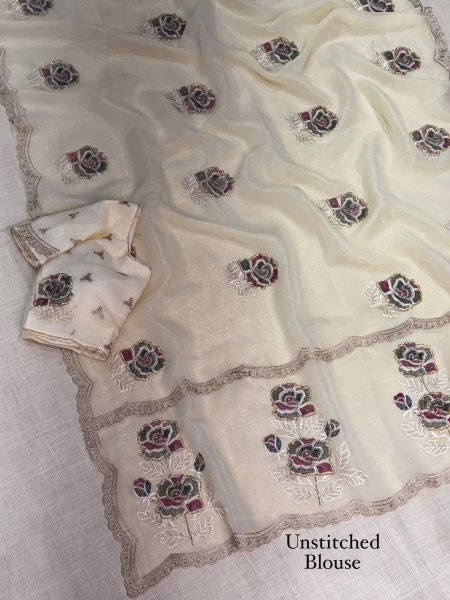 Contemporary White Melborne Simmer Silk Saree with Matching Embroidered Blouse Silk Sarees Wholesale