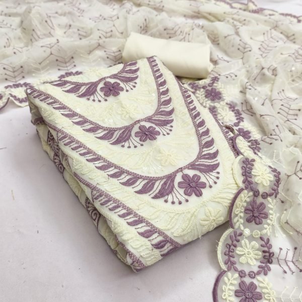 Contemporary White Purple Heavy Georgette Siffly Work Top with Matching Dupatta Color Set Matching Dress Material Wholesale