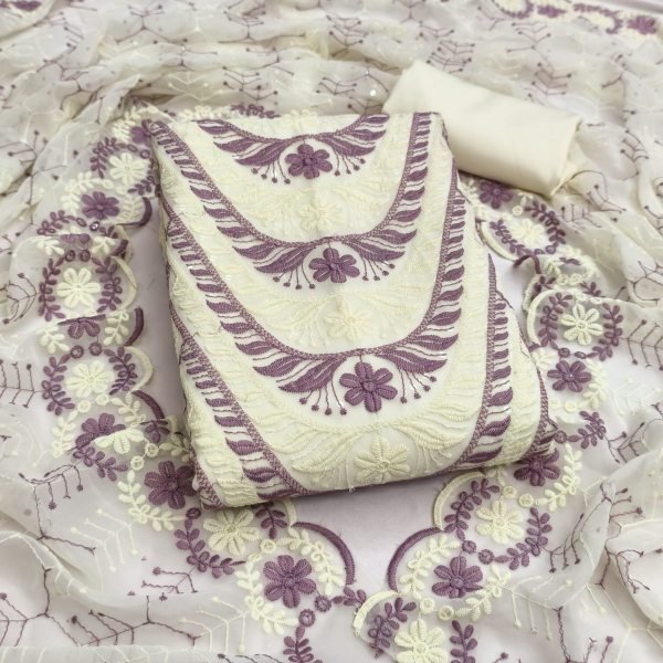 Contemporary White Purple Heavy Georgette Siffly Work Top with Matching Dupatta Color Set Matching Dress Material Wholesale