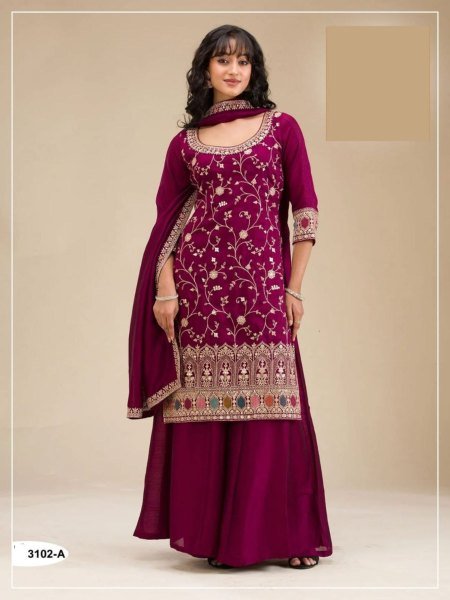 Contemporary Wine Maroon Blooming Vichitra Suit Set with Sequins Embroidery Work Salwar Kameez