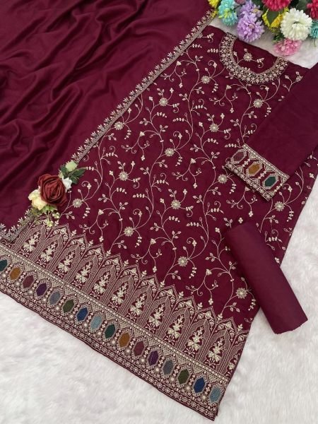 Contemporary Wine Maroon Blooming Vichitra Suit Set with Sequins Embroidery Work Designer Plazzo Salwar Suits Wholesale