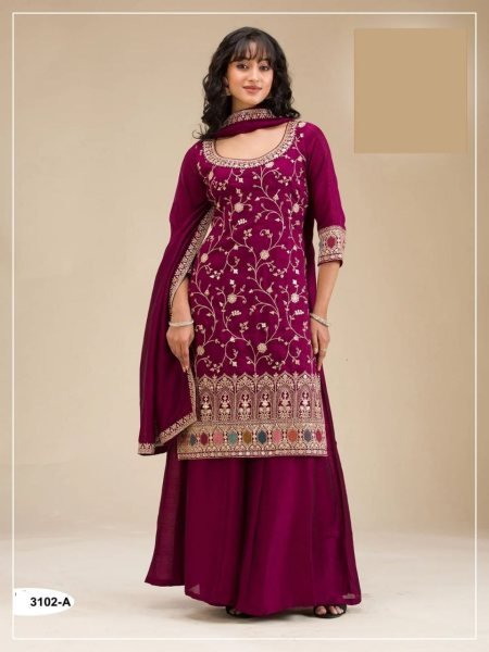 Contemporary Wine Maroon Blooming Vichitra Suit Set with Sequins Embroidery Work Designer Plazzo Salwar Suits Wholesale