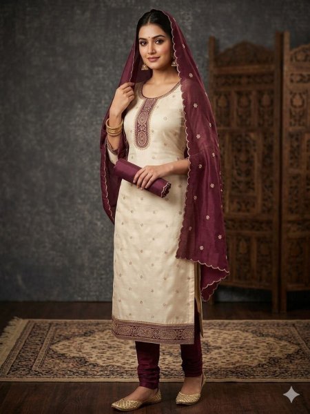 Contemporary Wine Vichitra Silk Ethnic Suit with Designer Embroidered Dupatta for Women 