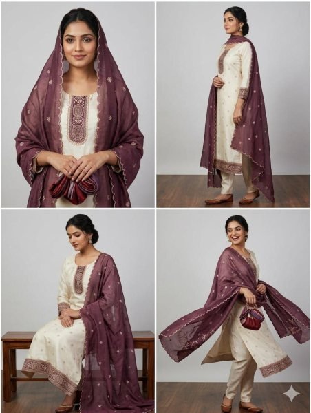 Contemporary Wine Vichitra Silk Ethnic Suit with Designer Embroidered Dupatta for Women Color Set Matching Dress Material Wholesale