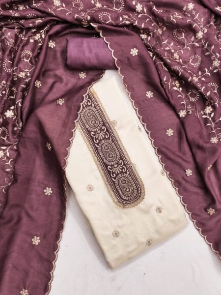 Contemporary Wine Vichitra Silk Ethnic Suit with Designer Embroidered Dupatta for Women Color Set Matching Dress Material Wholesale