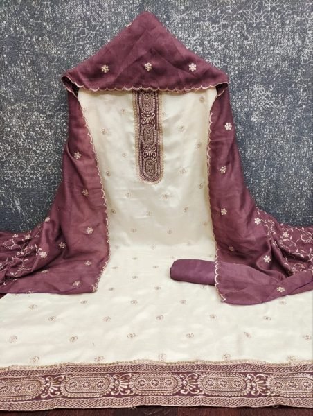 Contemporary Wine Vichitra Silk Ethnic Suit with Designer Embroidered Dupatta for Women Color Set Matching Dress Material Wholesale