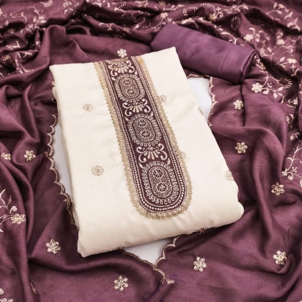 Contemporary Wine Vichitra Silk Ethnic Suit with Designer Embroidered Dupatta for Women Color Set Matching Dress Material Wholesale