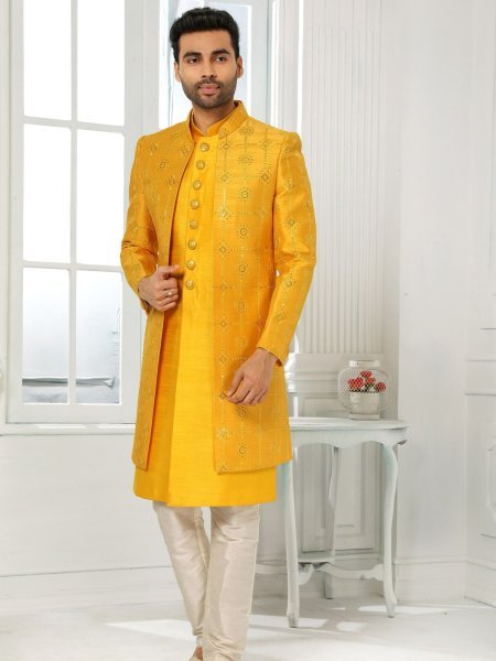 Contemporary Yellow Ethnic Jacket Set for Men with Rich Embroidery Work Mens Wear