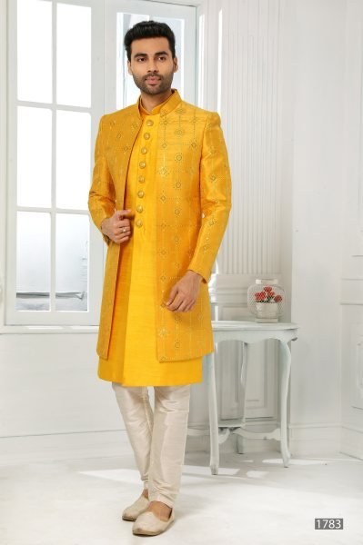 Contemporary Yellow Ethnic Jacket Set for Men with Rich Embroidery Work Kurta Pajama Wholesale