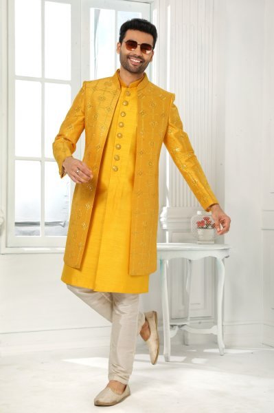Contemporary Yellow Ethnic Jacket Set for Men with Rich Embroidery Work Kurta Pajama Wholesale