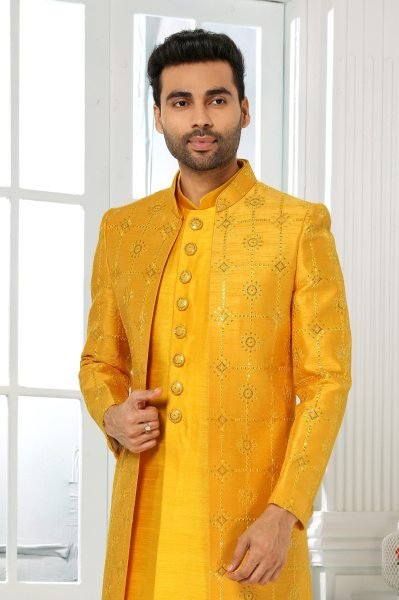 Contemporary Yellow Ethnic Jacket Set for Men with Rich Embroidery Work Kurta Pajama Wholesale