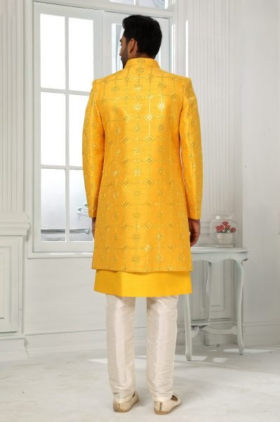 Contemporary Yellow Ethnic Jacket Set for Men with Rich Embroidery Work Kurta Pajama Wholesale