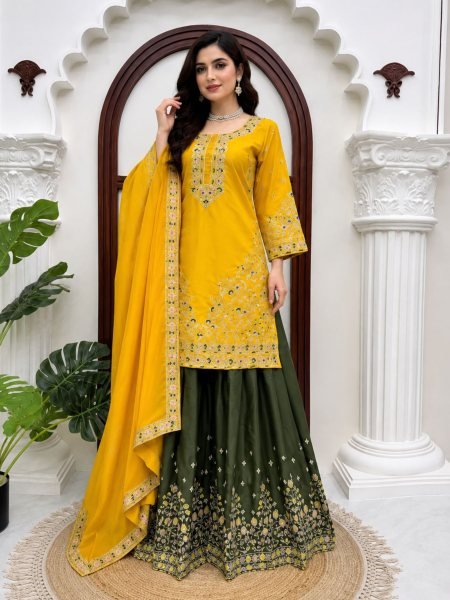 Contemporary Yellow Natural Crepe Kurta Suit with Thread and Sequence Work Ready To Wear Suit