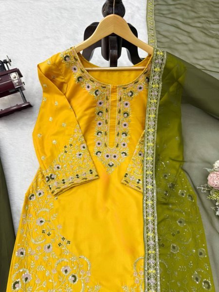 Contemporary Yellow Natural Crepe Kurta Suit with Thread and Sequence Work Ready To Wear Collection