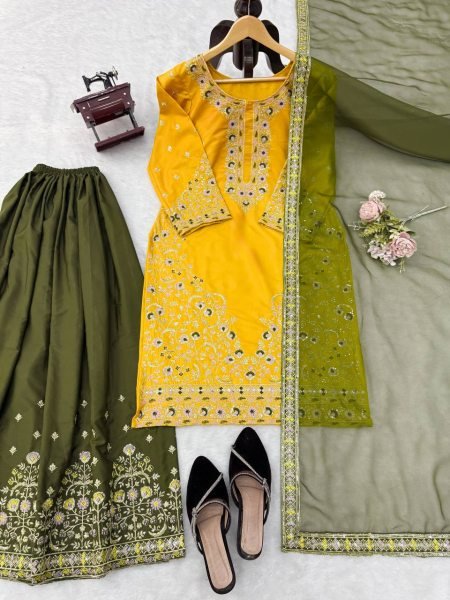 Contemporary Yellow Natural Crepe Kurta Suit with Thread and Sequence Work Ready To Wear Collection