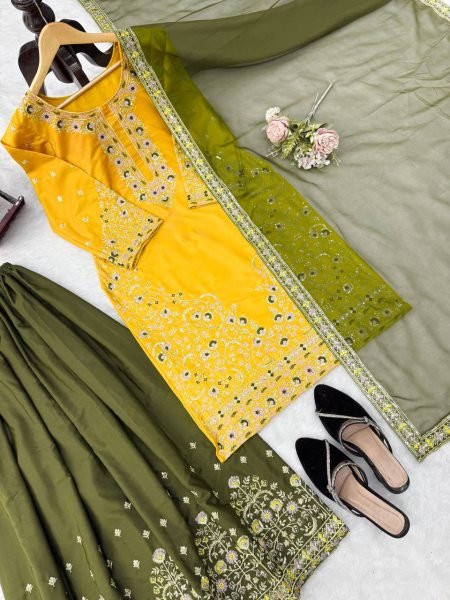 Contemporary Yellow Natural Crepe Kurta Suit with Thread and Sequence Work Ready To Wear Collection