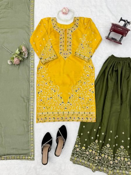 Contemporary Yellow Natural Crepe Kurta Suit with Thread and Sequence Work Ready To Wear Collection