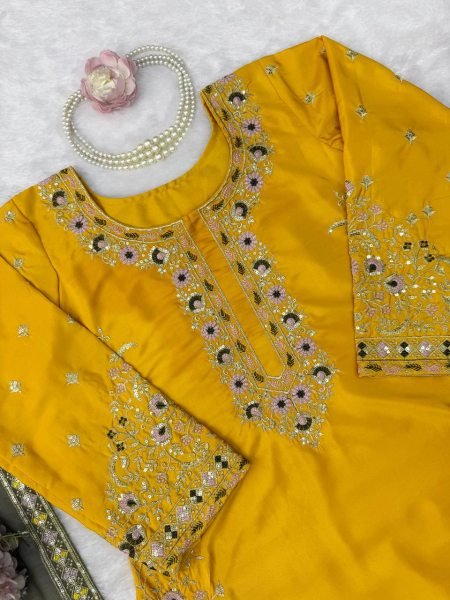 Contemporary Yellow Natural Crepe Kurta Suit with Thread and Sequence Work Ready To Wear Collection