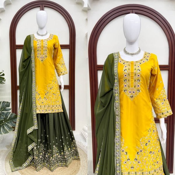 Contemporary Yellow Natural Crepe Kurta Suit with Thread and Sequence Work Ready To Wear Collection