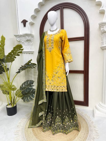 Contemporary Yellow Natural Crepe Kurta Suit with Thread and Sequence Work Ready To Wear Collection