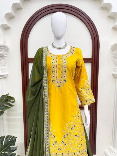 Contemporary Yellow Natural Crepe Kurta Suit with Thread and Sequence Work Ready To Wear Collection
