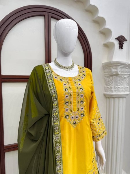 Contemporary Yellow Natural Crepe Kurta Suit with Thread and Sequence Work Ready To Wear Collection