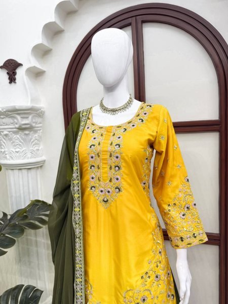 Contemporary Yellow Natural Crepe Kurta Suit with Thread and Sequence Work Ready To Wear Collection