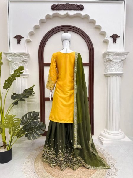 Contemporary Yellow Natural Crepe Kurta Suit with Thread and Sequence Work Ready To Wear Collection