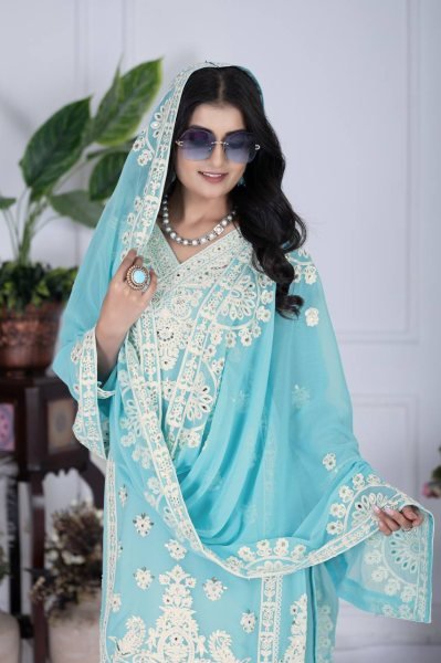 Cool Grace in Sky Blue Georgette Palazzo Set Mirror Work Kurti with Matching Dupatta Embroidery Kurtis 