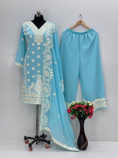 Cool Grace in Sky Blue Georgette Palazzo Set Mirror Work Kurti with Matching Dupatta Embroidery Kurtis 