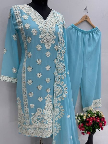 Cool Grace in Sky Blue Georgette Palazzo Set Mirror Work Kurti with Matching Dupatta Embroidery Kurtis 