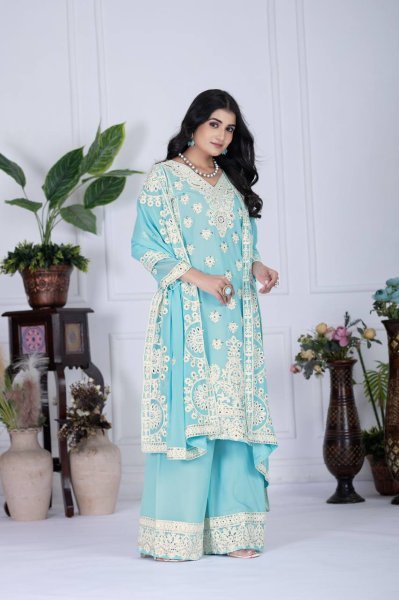 Cool Grace in Sky Blue Georgette Palazzo Set Mirror Work Kurti with Matching Dupatta Embroidery Kurtis 
