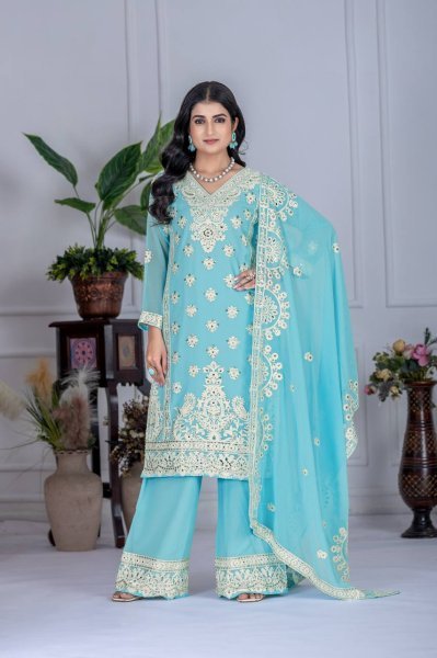 Cool Grace in Sky Blue Georgette Palazzo Set Mirror Work Kurti with Matching Dupatta Embroidery Kurtis 