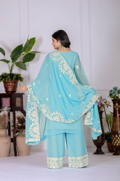 Cool Grace in Sky Blue Georgette Palazzo Set Mirror Work Kurti with Matching Dupatta Embroidery Kurtis 